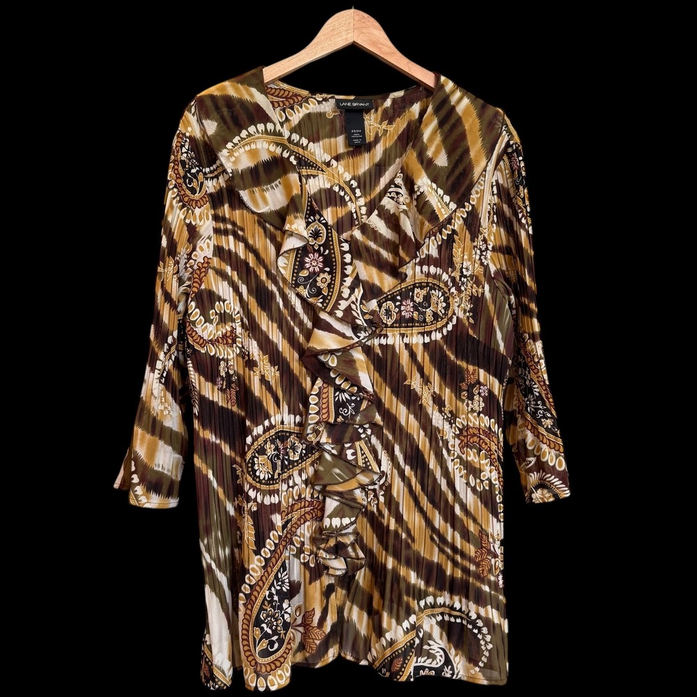 Lane Bryant Brown Gold Metallic Paisley Ruffle Collar Placket Blouse 22/24 #139